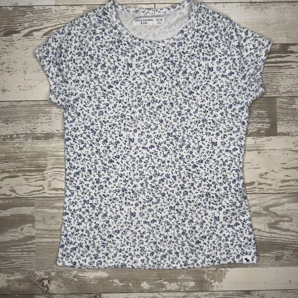 Abercrombie Kids Shirt Girls 15/16 White Blue Floral Crewneck Tee Slim Fit
